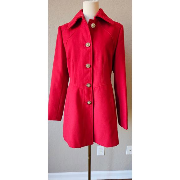 Jessica Simpson Red Stretch Solid Button Fit‎ & Flare Peacoat Coat Lined  Medium - Picture 1 of 8